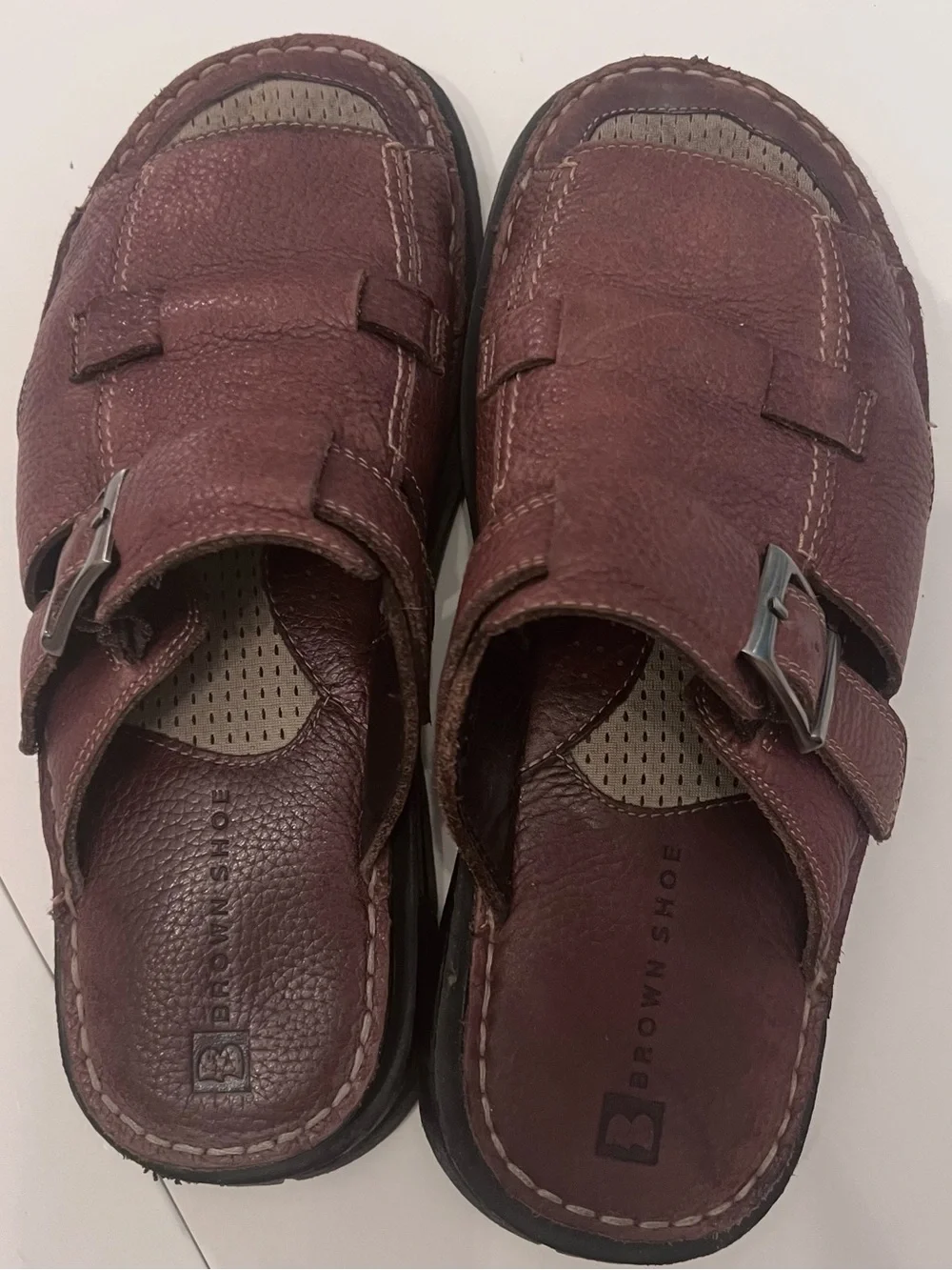 Men's Brown Leather Slide Sandals with Buckle Strap